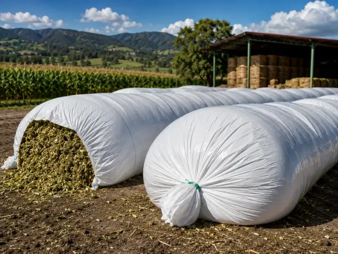 Bolsa para ensilaje almacenada en una finca ganadera