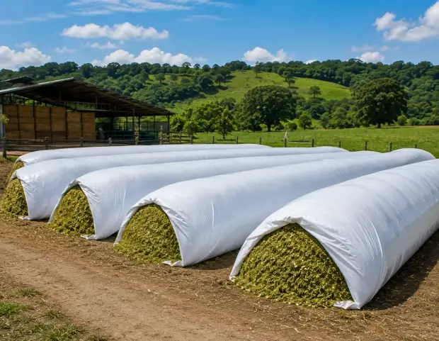 Varias bolsas de ensilaje almacenadas como reserva de alimento en una finca