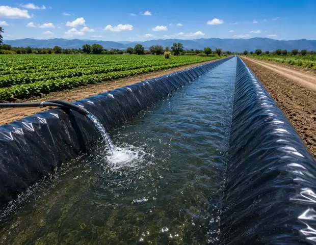 Canal de riego agrícola protegido con geomembrana impermeable