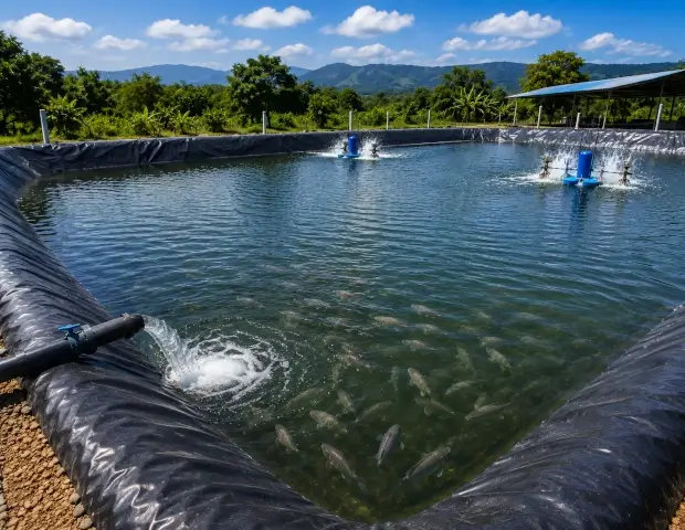 Estanque piscícola revestido con geomembrana negra