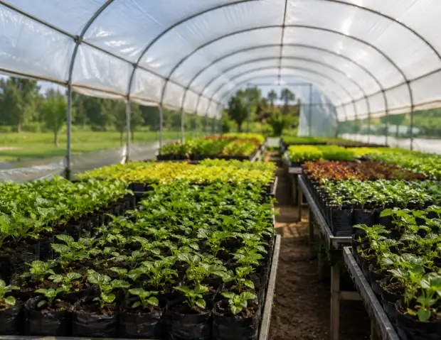 Plantas jóvenes protegidas dentro de un vivero