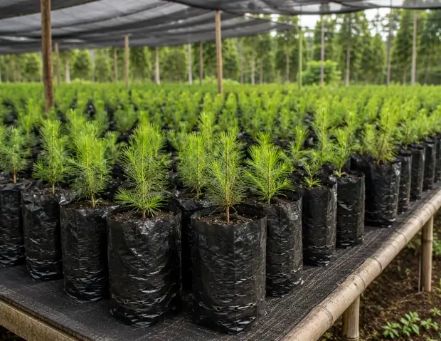 Árboles jóvenes cultivados en bolsas dentro de un vivero forestal